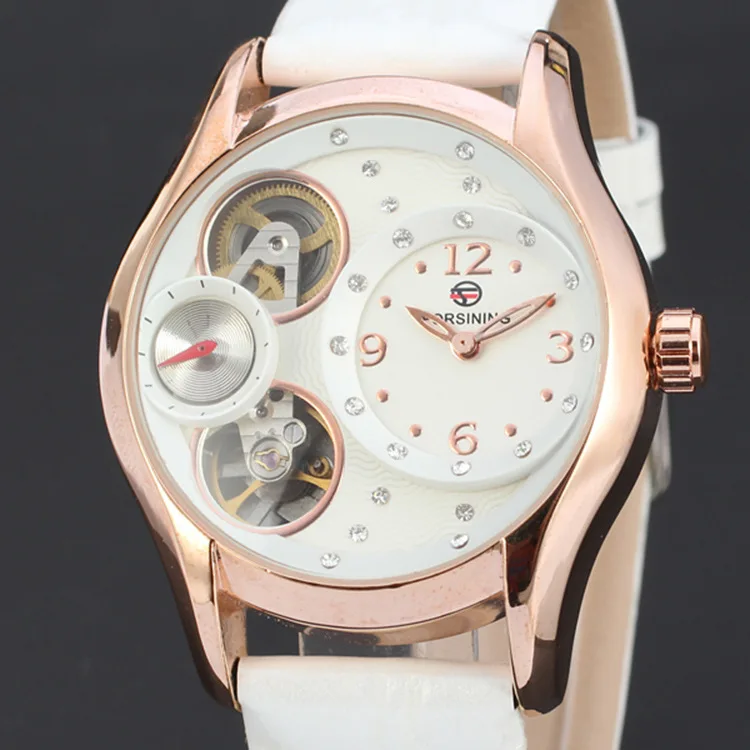 New luxury three eyes drilling mechanical watches skeleton mechanical belt watch