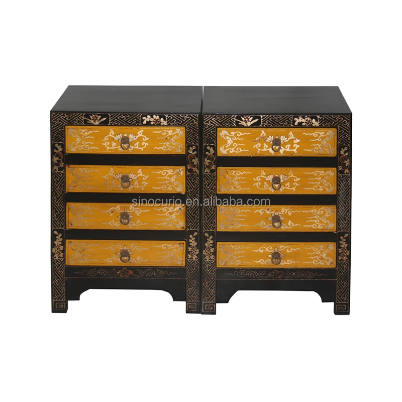 Antique bedroom drawers chest and gold painted bedside table cabinet