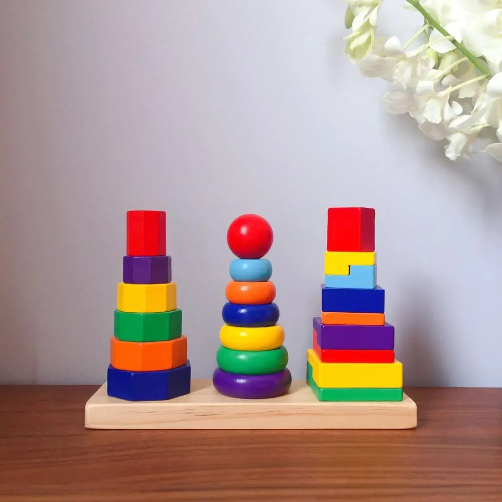 Geometric set column tower Mongolian early education teaching aids colorful building blocks wooden geometric toys for Kids