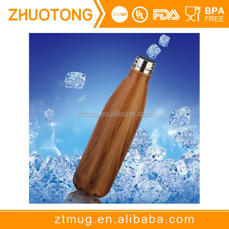 Stainless steel cola shape wooden grain pattern insulated outdoor water bottle
