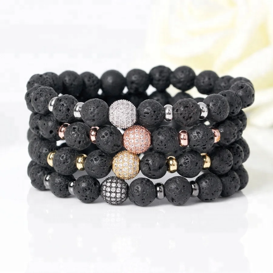 Bracelet Manufacturer Hot Sale 18K Gold Plating Micro Pave Black CZ Beads Bracelets, Men Bracelet Lava Stone Beads