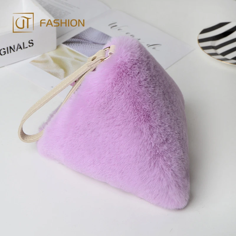 2018 hot sale jtfur fake rex rabbit fur hand bag wild plush triangle bag faux fur bag
