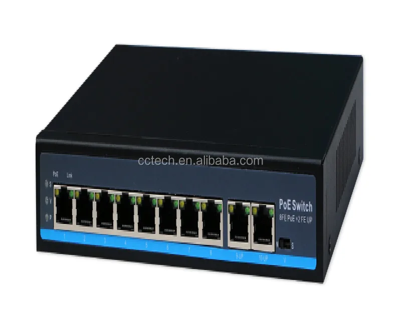 Desktop 250m 8 poe 2 utp uplink 10 port ethernet switch with 100w 120w power AC 100-240V