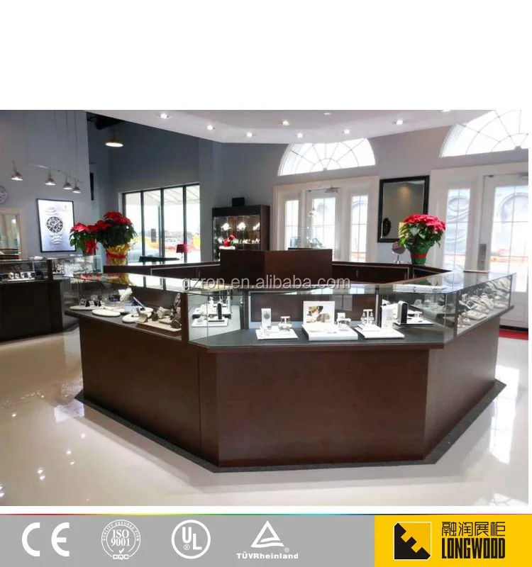 Elegant design jewelry store display furniture island jewelry display showcase cabinet with ultra tempered glass