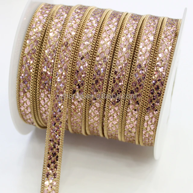 Cheap garment decoration chain glitter fabric trim hot fix rhinestone trim for shoe garment etc