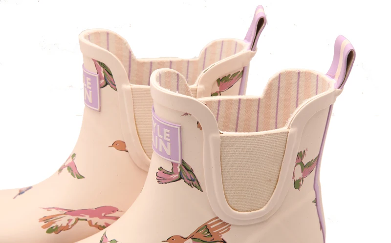 beige cream color bird printed girls soft comfortable warm winter waterproof shoes garden use antislip outsole rain boot wellies