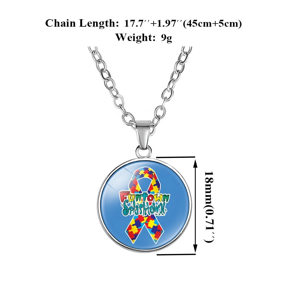 Alloy round shape Autism Red Ribbon Puzzle Pattern Pendant Necklace for autism children birthday gift