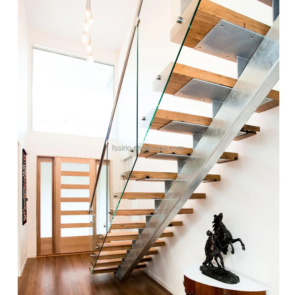 
Straight staircase design with solid wood treads or laminated glass treads indoor used 