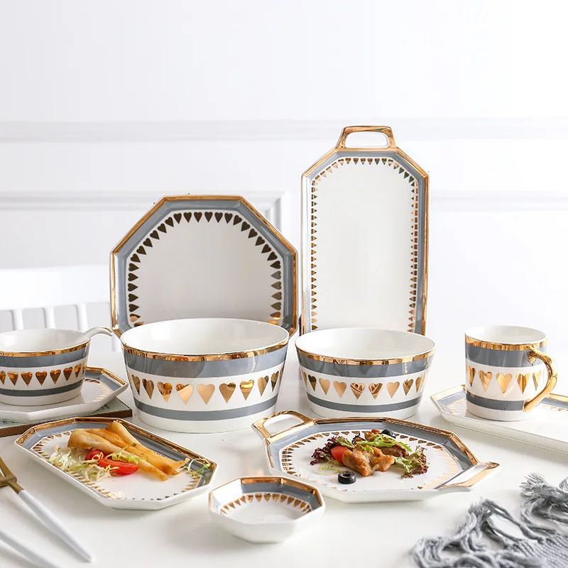 Luxury Modern Design Simple White And Golden Ceramic Dinner Plate Set Jogo De Jantar For Sale