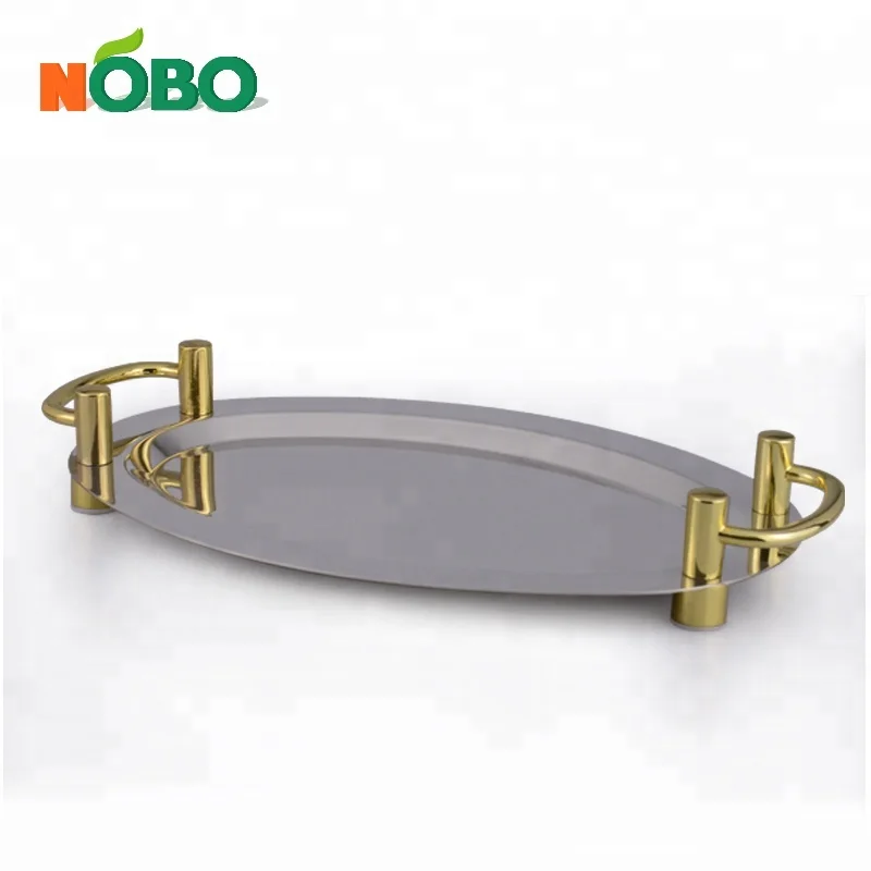 Restaurant Dinnerware Double Handle Serving Tray Mirror Plate with Shelf Stainless Steel Plate Dish Unbreakable Dinnerware Set