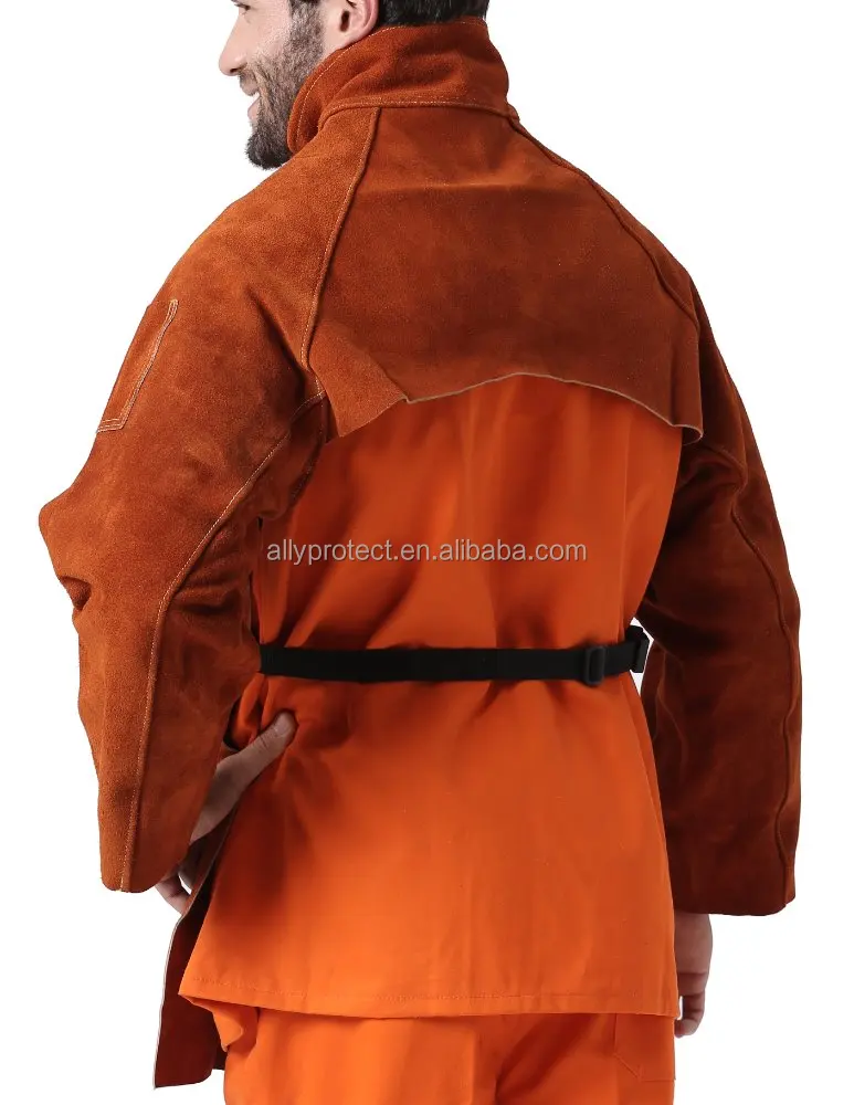 
AP-7188 A grade coffee split cowhide heat resistant leather cape sleeve with AP-7189 leather bib apron in welding clothing 
