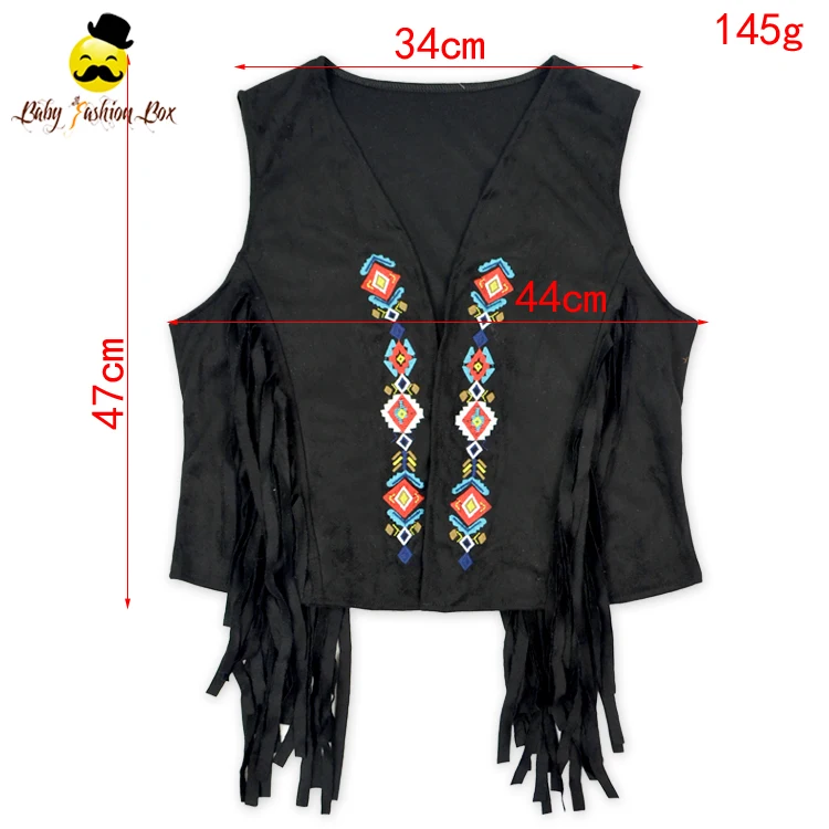 
Vintage Kids Spring Clothing Black Suede Sleeveless Embroidered Flower Fringe Kids Girl Vest Top 