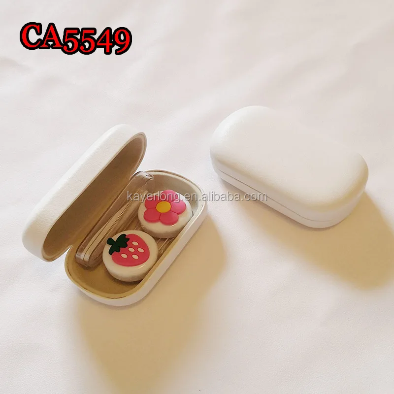 PVC kitty and strawberry deco pu cover iron contact lens case, small travel box CA5549