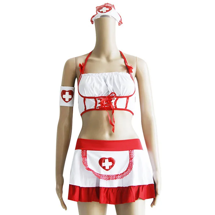 Sexy Nurse Uniform Halter Lingerie Bra Mini Skirt with Headwear Adult Halloween Nurse Costume