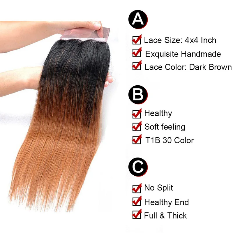 
Colored Brazilian Straight Hair Bundles Closure 1B/30# Ombre Color Human Hair Weave 3 Bundles with Closure 