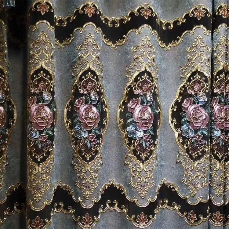 Hot selling Lace border trim curtains with embroider designs gold sequin curtains for the living room