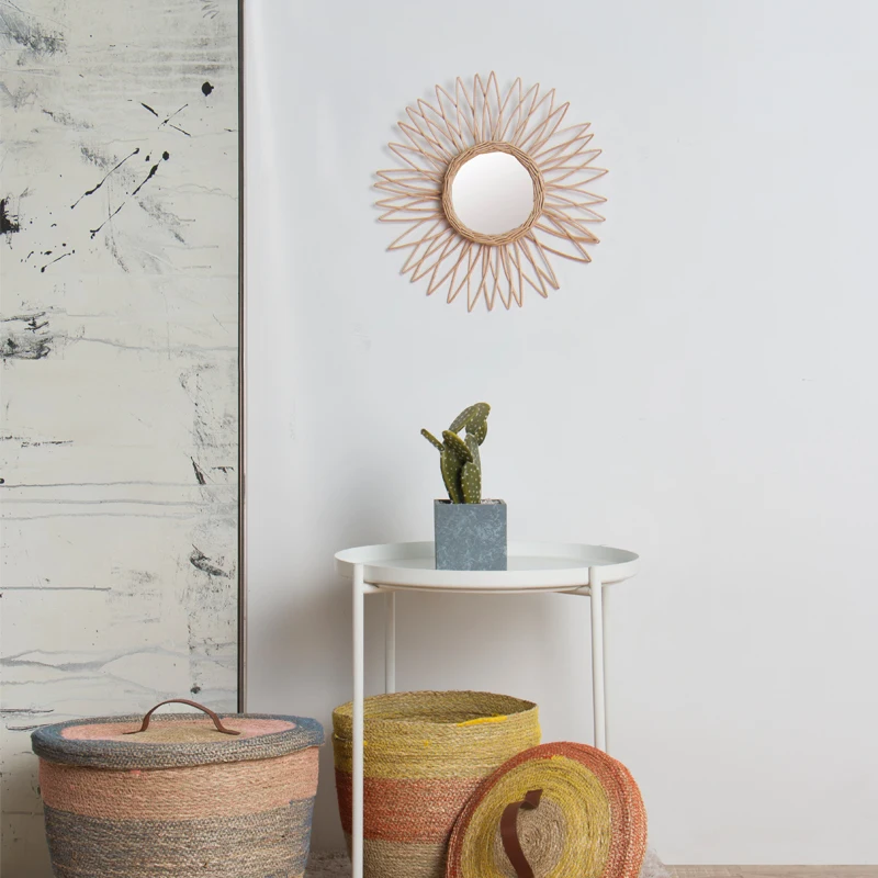 Hand Woven Craft Home Bedroom Sun Flower Round Decorative Wood Wicker Willow Frame Rattan Wall Mounted Mirror 5 Sets