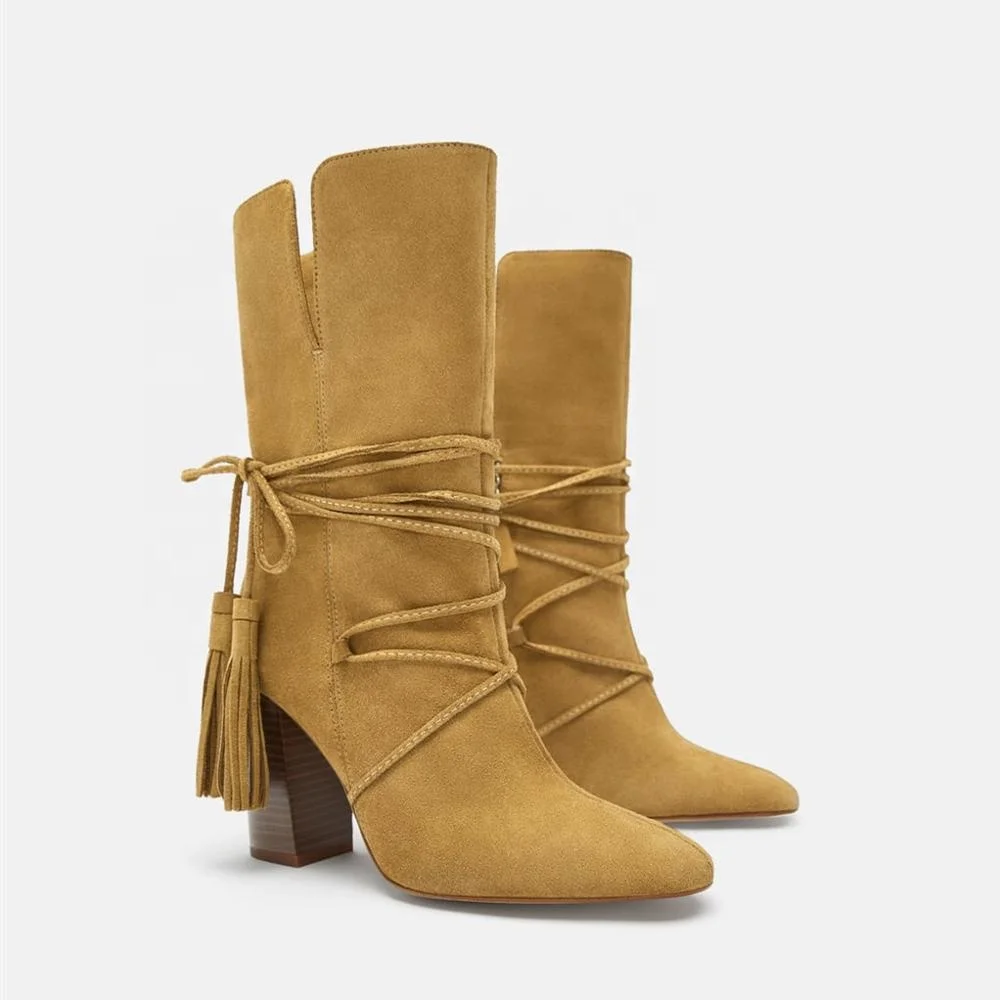 
MANRINO-0299 Tan Color Tassel Decor Womens Zipper Up Block High Heel Combat Desert Boots 2019 Fashion Trends 