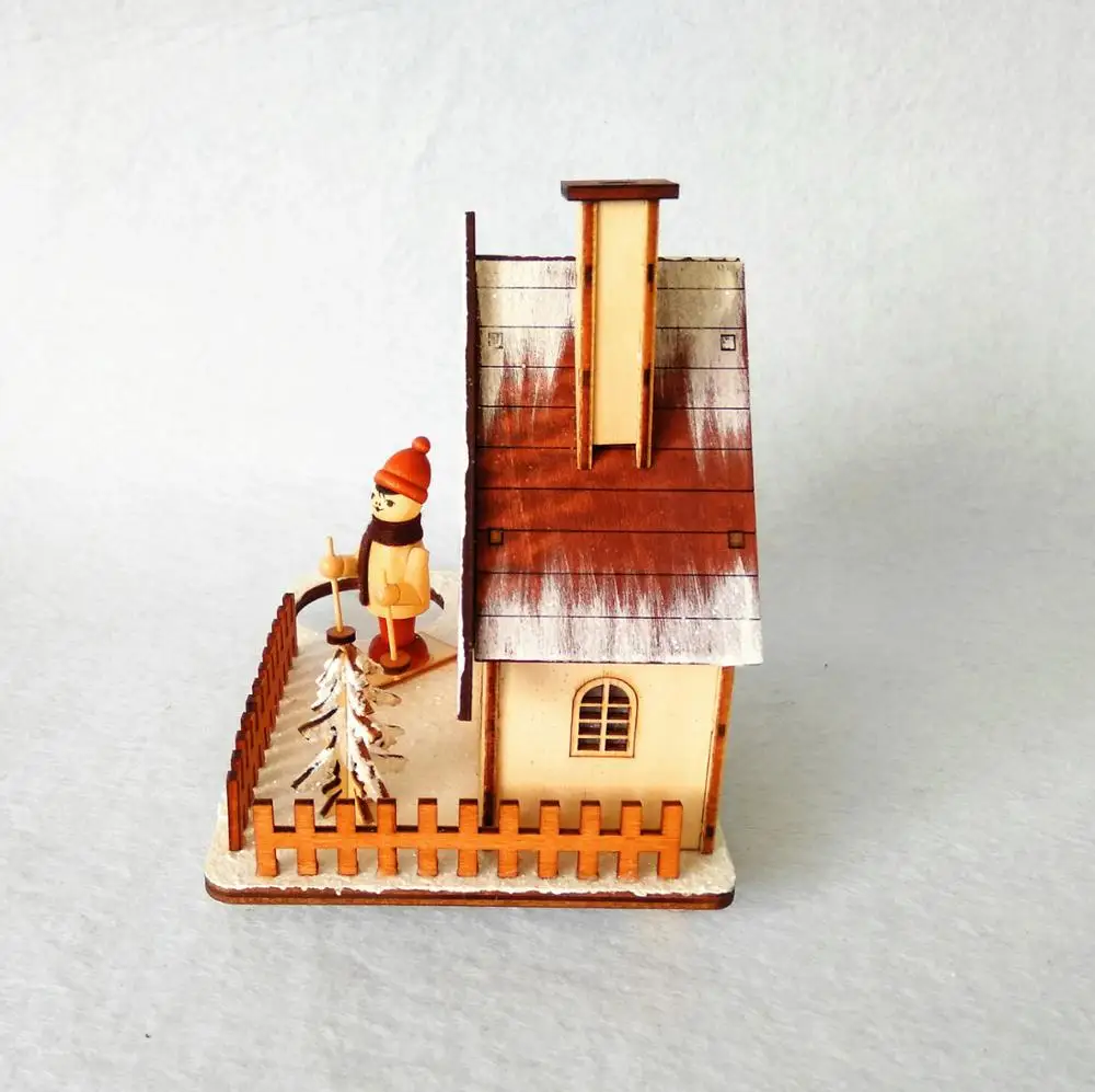 Natural wooden led light Christmas smoker house decoration with tealight holder