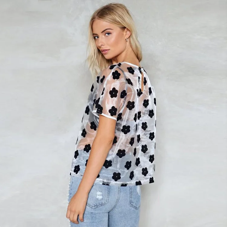
Sexy Women T Shirt See Through Transparent Tops Short Sleeve Sheer Slim Ladies O-Neck Girl crush Print Hollow Out T-Shirt 