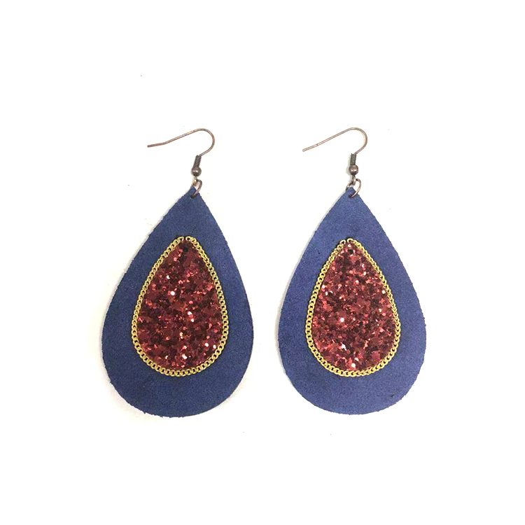 Colorful Long Fashion Cork Dangle Leather Glitter Chain Teardrop Leather Earrings