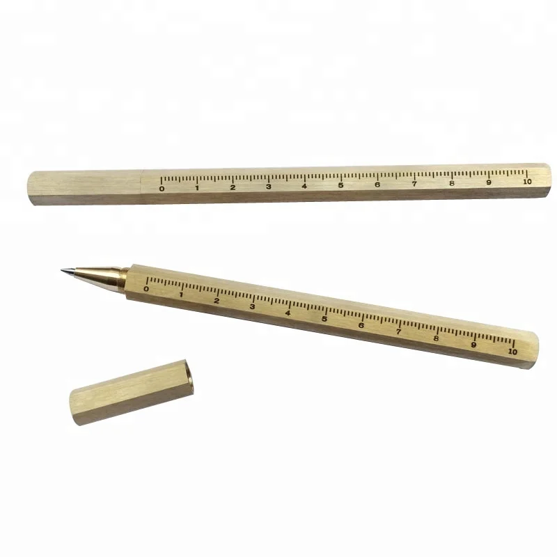 High Quality Brushed Finished Brass Hexagonal Customized Gel Ink Pens With Dividing Rule Engraved