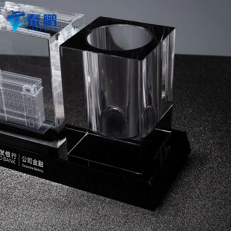 
Modern customized business desk ornament with engraving crystal blank and clear pen holder as office decoration or gift 