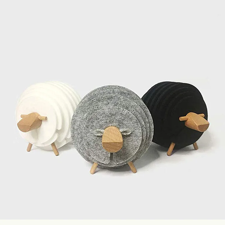 Custom High Quality  Handmade Sheep Shape Wood Felt Drink Coasters insulating Round Cup mat