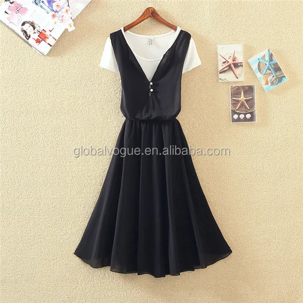 2016 new summer Korean round neck pleated chiffon A-line dress,fake two pieces shortsleeved chiffonwomen fashion dress