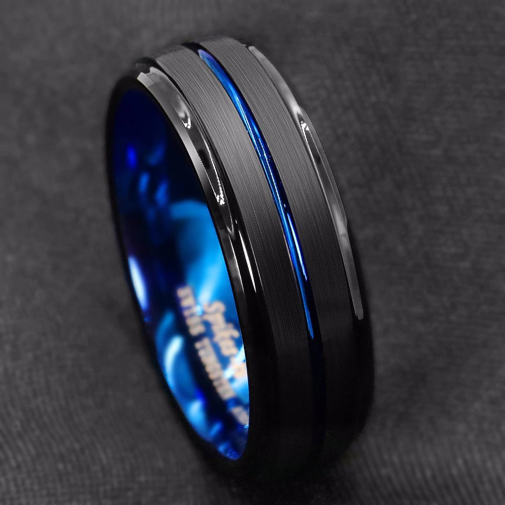 
8MM Black Brushed Ladder Edge Tungsten Ring BLue Stripe Mens Wedding Band 
