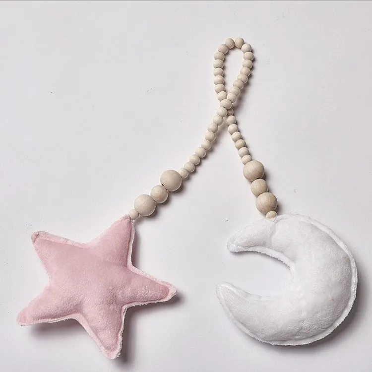 Baby Crib Toys Hanging Pendants Star&Moon Wooden Beads String Hanging DIY Ornament for Baby Kids Bed Play Tent Room Decor