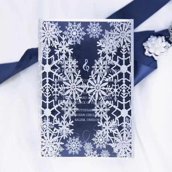 Elegant Personalised Modern Goblet Laser Cut Winter Snowflake Wedding invitation Cards and customize laser cut bChristmas cards