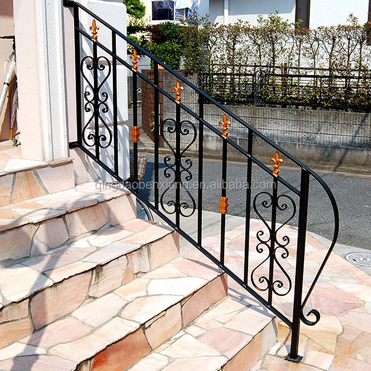 Wrought forged iron curved outdoor stair railings