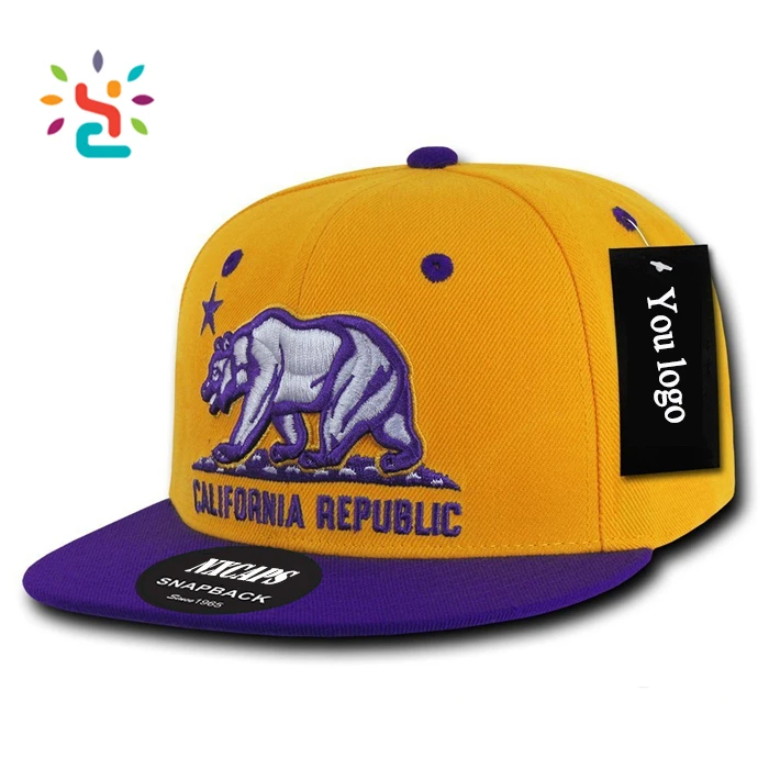 Hit color Snapback Cap with bear 2D embroidery patch California Republic 6 panel two tone baseball cap
