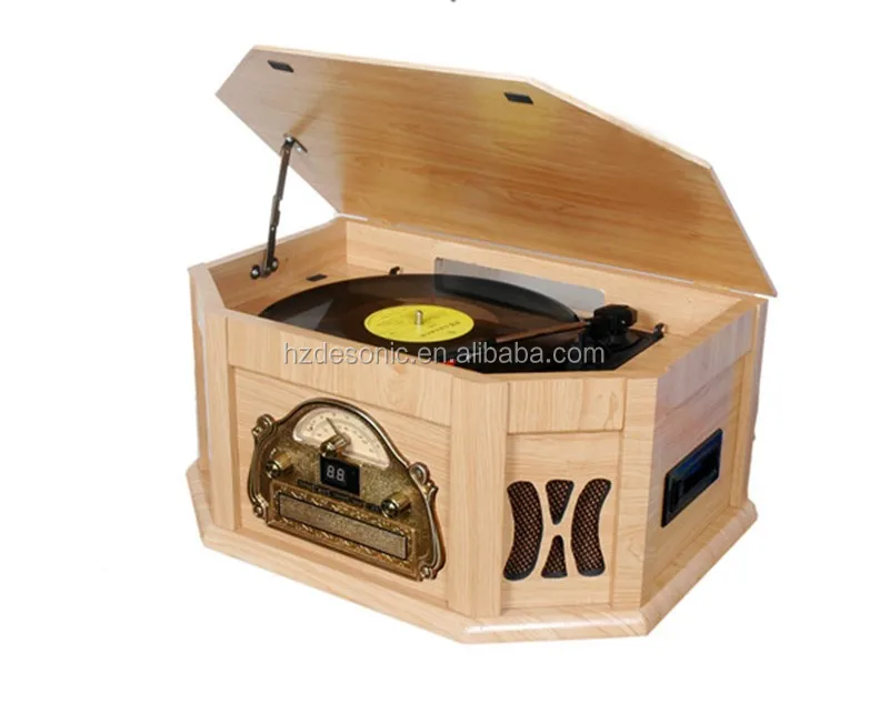wooden vintage vinyl turntable jukebox with 3 speed lp record pressing