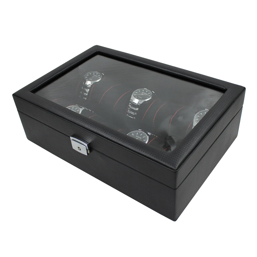 Custom Luxury High End Display Wooden Watch Box Window Carbon fiber 5 slots Watch Box