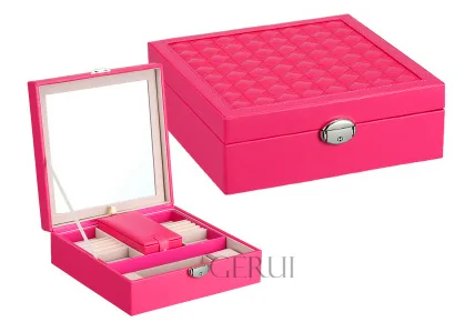 Wholesale Black Leather Foldable Lock Mirrored Jewelry Trinket Box With Mini Gift Box Inside