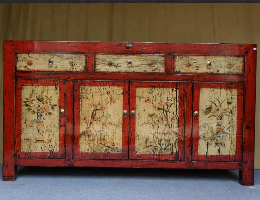Старинная винтажная деревенская ручная роспись, китайская деревенская мебель, буфет из массива дерева для столовой