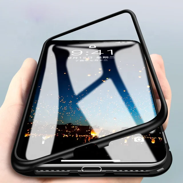 cell phone Magnetic Adsorption Aluminum Bumper Tempered Glass Back mobile Case covers For iphone X XR XS Max