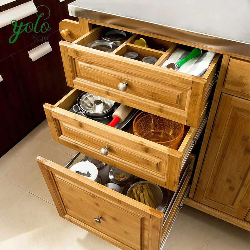 
Storage Serving Cabinet Bamboo Kitchen Trolley with Stainless Steel Worktop 