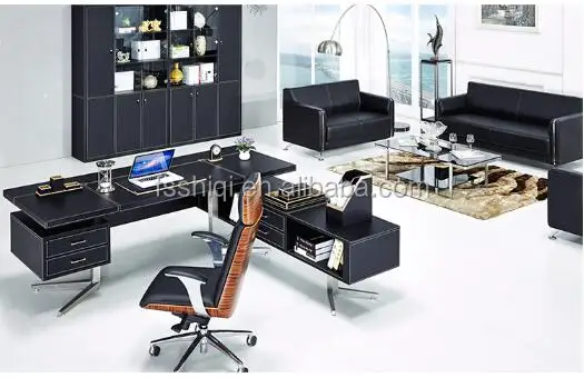 Office furniture modern L-Shaped leather table with drawer cabinet ,office executive desk