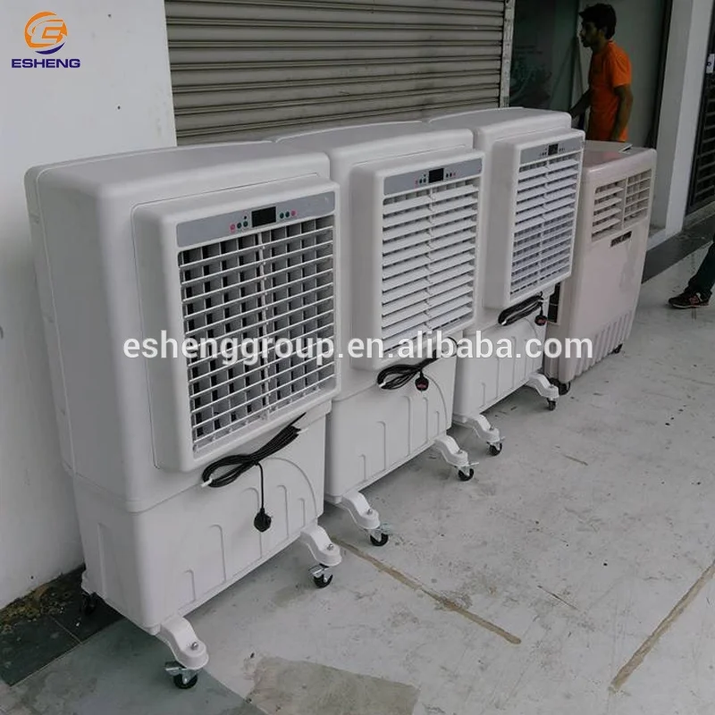 Evaporative cooling fan movable for three side cooling pads
