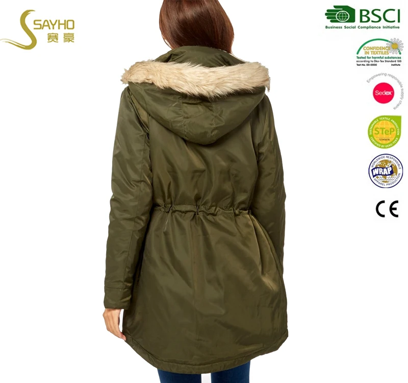 Wholesale winter women olive parka jacket with fur hood