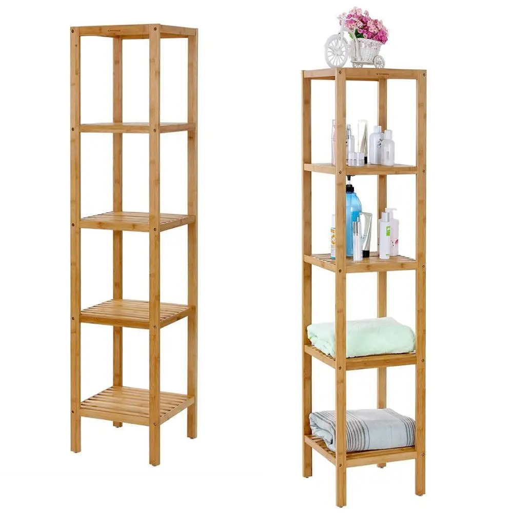 Narrow Shelving Unit Bathroom Shelf 5-Tier Multifunctional Storage 100% Bamboo Wood Corner Rack for Kitchen Livingroom Bedroom