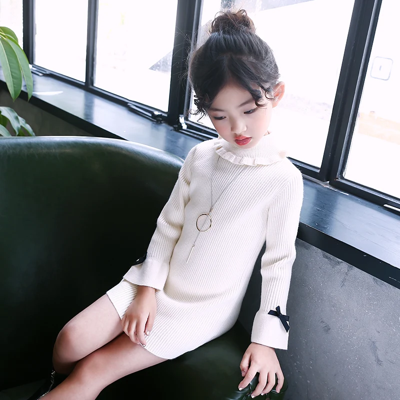 
Girls autumn turtle crew neck bow long flare sleeve knitwear pullover sweater 