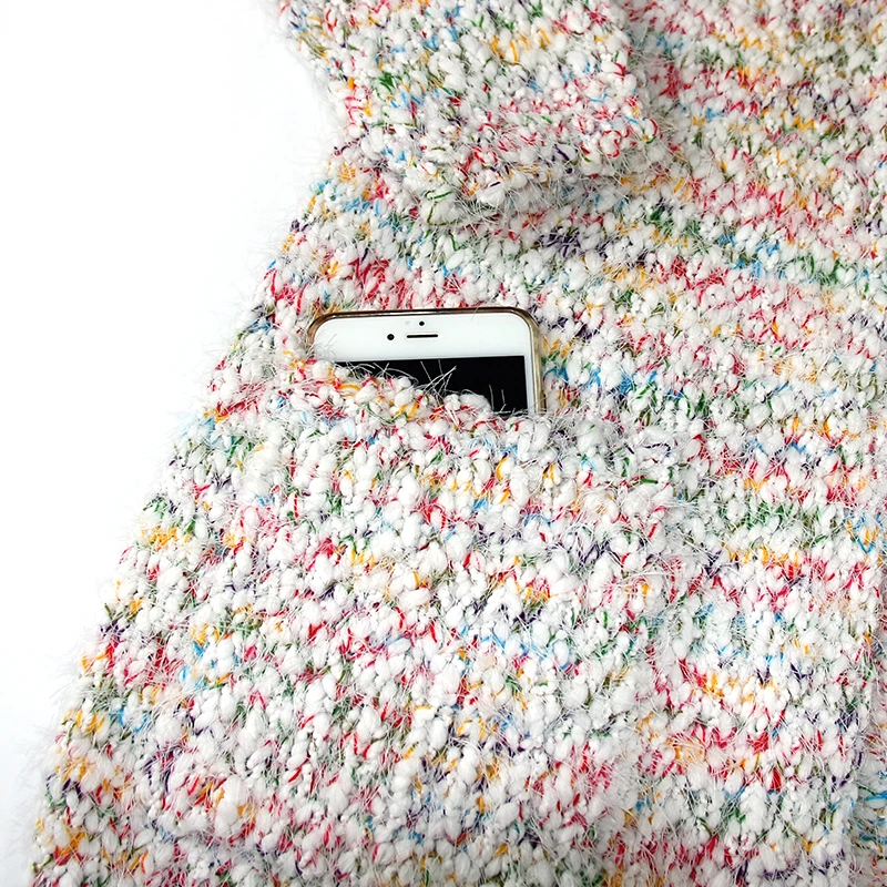 
Winter high quality knitted colorful rainbow sweater oversize open stitch long sleeve women top cardigan with pockets 