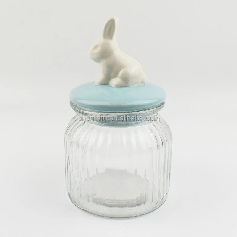Colorful Rabbit Ceramic Lid Glass Candy Jar Wholesale Glass Jar