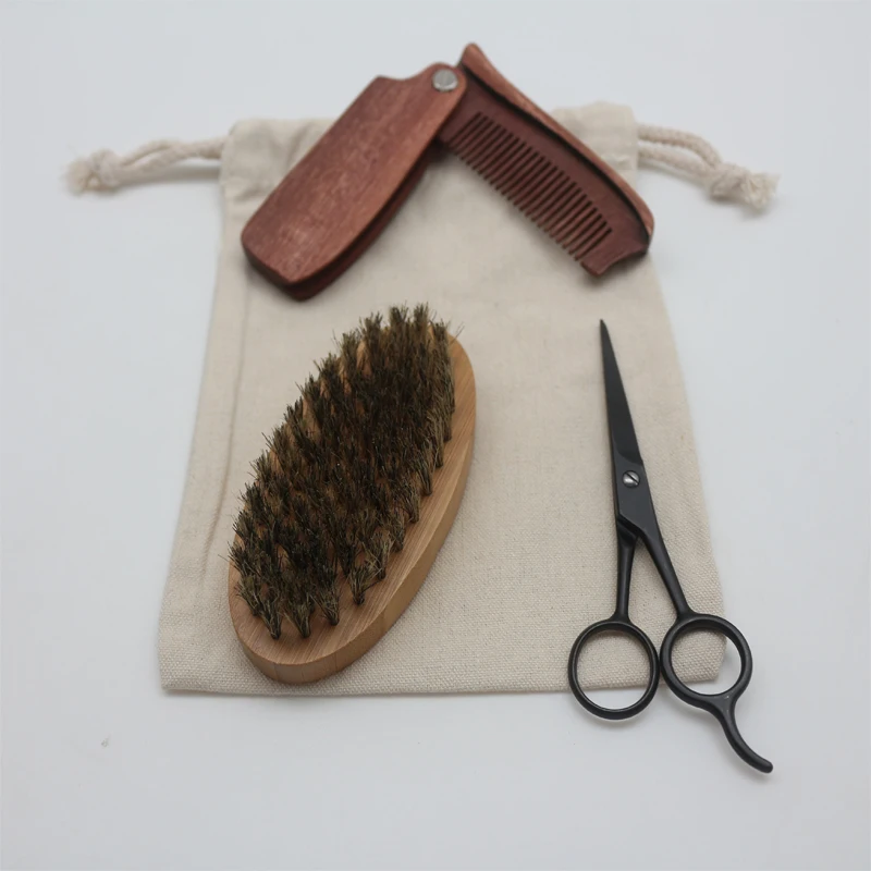 Men Beard Grooming Kit Wood Beard Comb Hair Scissors Wholesale Shaving Brush