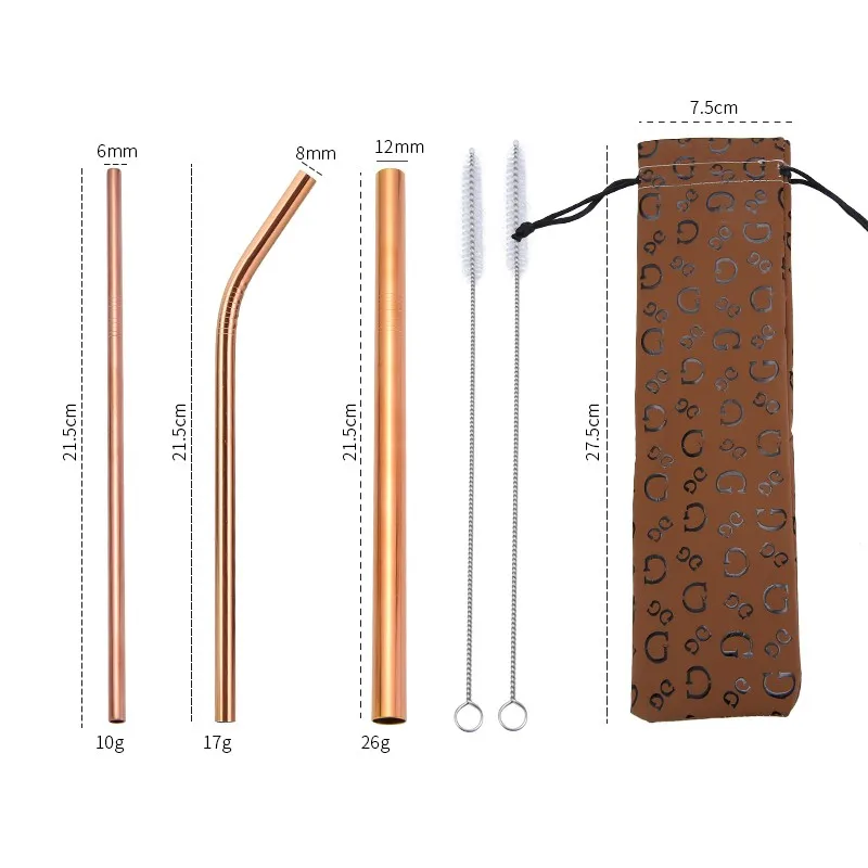 Colorful Gold Rose Gold Copper Reusable Stainless Steel Drinking Straws Set with Bag and Cleaning Brush
