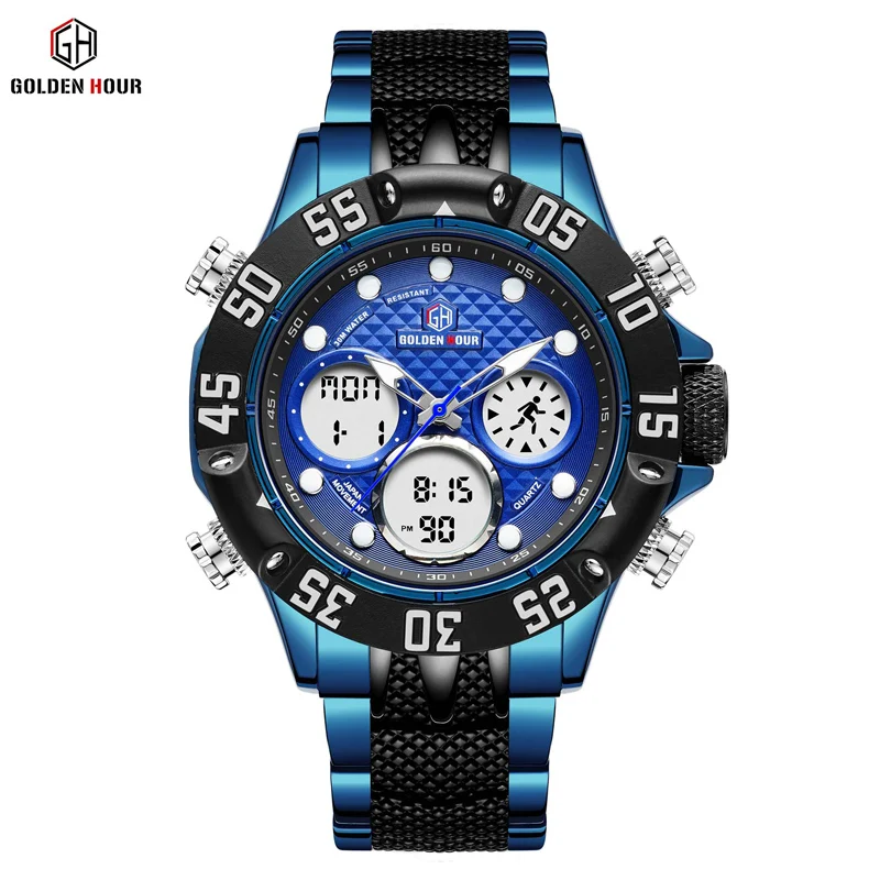 
GOLDENHOUR GH119 Luxury Brand Analog Digital Wrist Watch Gent Orologi Water Resistant Sport Military Watches Men Quartz Watches 
